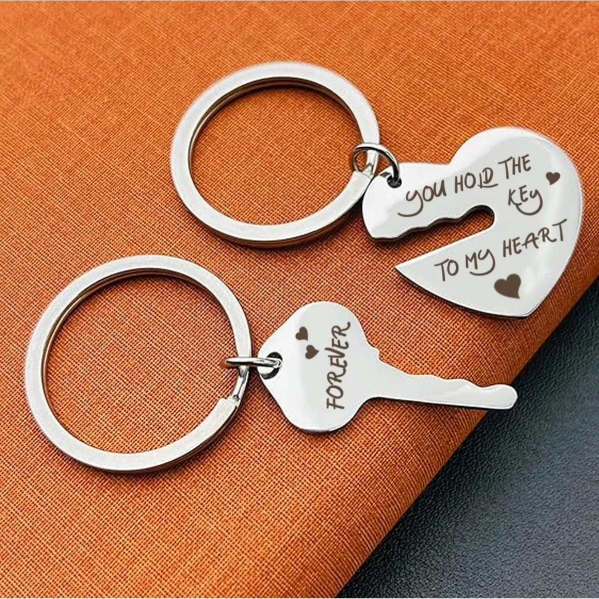 Stainless Steel Heart and Key Keychain Set
